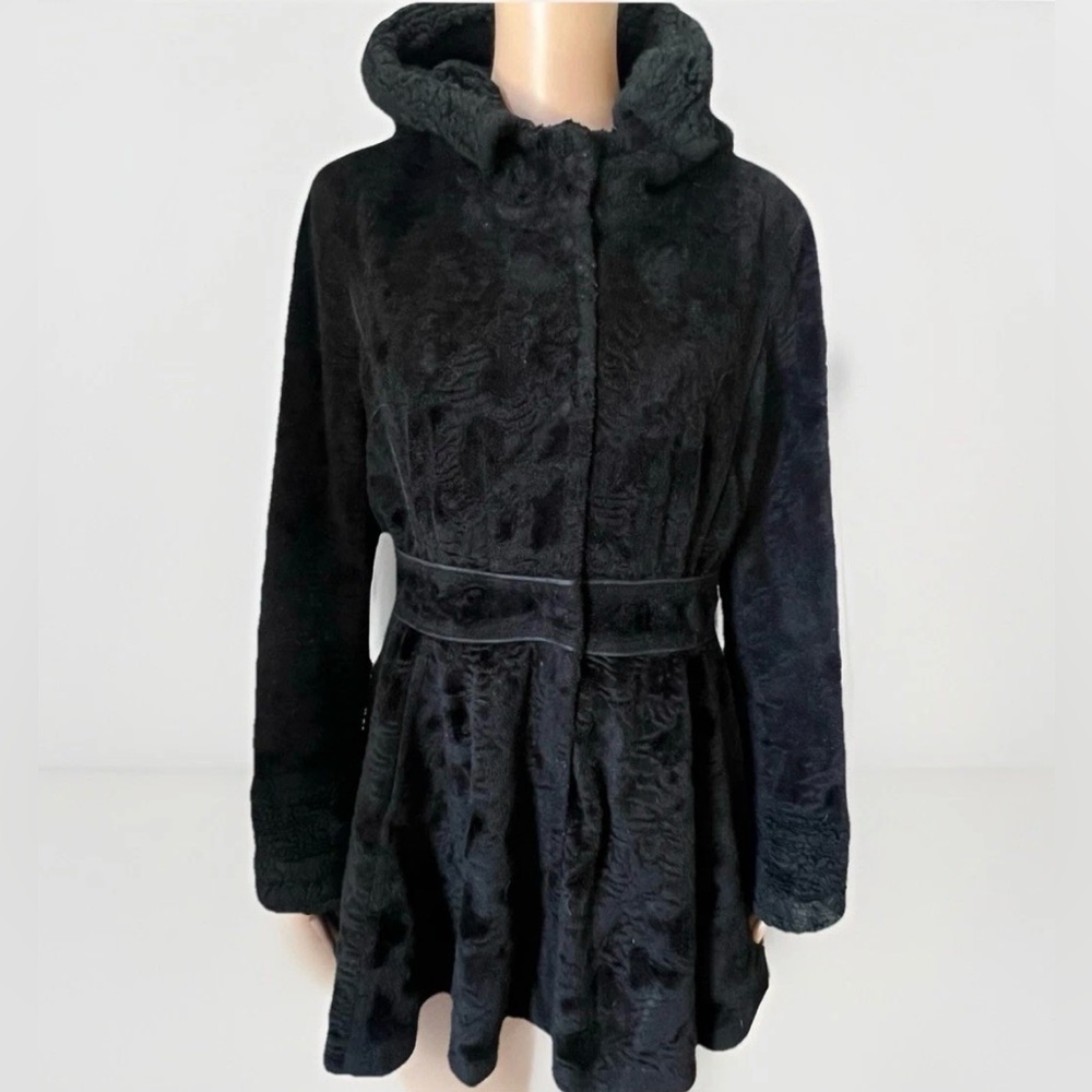 LAUNDRY by Shelli Segal Black Faux Fur Fit & Flare Hooded Coat Jacket